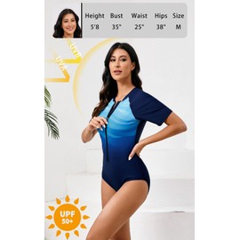 Halcurt Women's Short Sleeve One Piece Rash Guard Swimsuit Zip Front UPF50+ Surfing Athletic Bathing Suit Ombre Blue Navy Black L