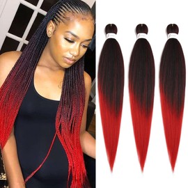 Pre Streched Braiding Hair Extensions 30 Inch 3 Packs Black to Red Synthetic Colored Braiding Hair Crochet Braids Hair Hot Water Setting Soft Yaki Texture (30",1BRed)