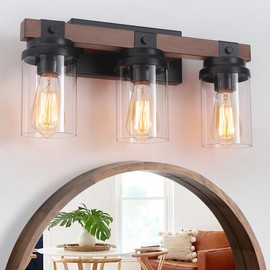 3 Light Farmhouse Vanity Light, Rustic Black Bathroom Light Over Mirror with Clear Glass Shade, Wood Grain Vintage Farmhouse Wall Sconces for Bathroom, Living Room, Hallway