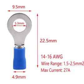 ESUPPORT 100Pcs Blue Copper Ring Insulated Terminals Connectors 14-16 Ga Crimp Wire Electrical Cable Kit Quick Splice M5
