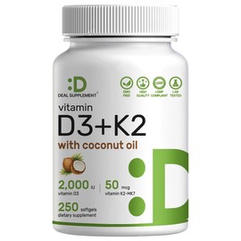DEAL SUPPLEMENT Vitamin D3 2,000 IU + K2 MK7 50mcg Softgels | 2-in-1 Complex with Virgin Coconut Oil | Supports Heart, Bone, Teeth & Immune Health | Easy to Swallow