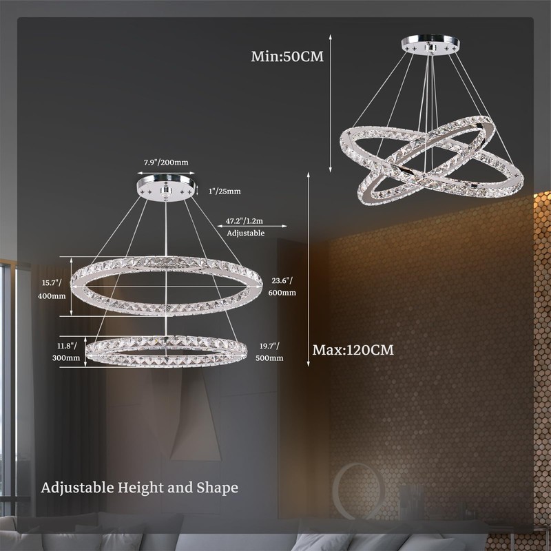 Finktonglan Dimmable Crystal Chandelier, 23.6'' Oval 2 Rings Modern Chandeliers