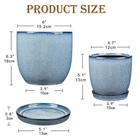 Ceramic Plant Pots 6 Inch + 5 Inch Set of 2, Flower Plants Pot with Drainage Holes and Saucers Tray Blue Planter Garden Pot for Succulent Cactus Home Decoration Gift Indoor Outdoor