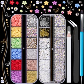 3D Nail Charms, Butterfly Colorful Acrylic Flower Starry AB Gemstones Caviar Beads Half Round Pearl, Flat Back Glass Crystal AB + Clear Round Rhinestones for Nails with Pickup & Dotting Tools