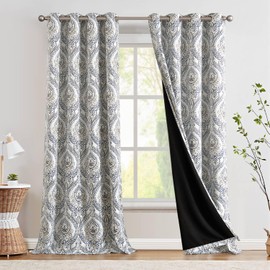 jinchan Linen Textured Curtains for Living Room Darkening 96 Inches Long, Medallion Drapes for Bedroom, Damask Pattern Window Treatments Vintage Curtain Panels, 2 Panels Blue on Greige