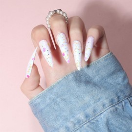 Rainbow Shiny Powder Long Coffin Press On False Nails Medium Length Full Cover Acrylic Fake Nails Ballerina Nails for Women Lady Gifts Summer Nails for Salons Home DIY Nail Art 24PCS (CJCY-185 White)