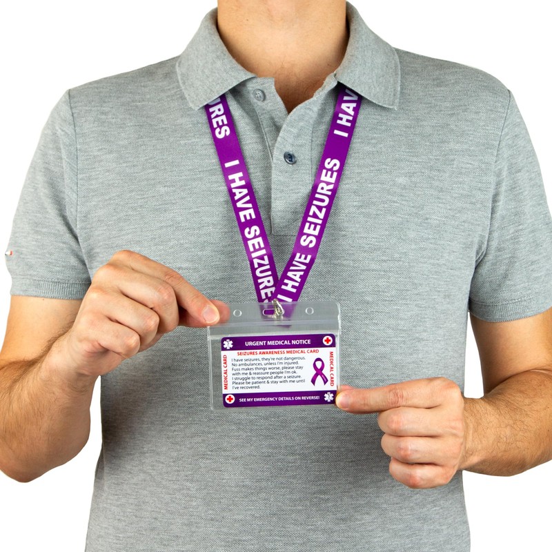 Seizures Medical Card With Writable Panel and Patterned Lanyard