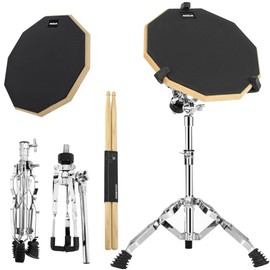 AKOZLIN Drum Pad Stand Set with 12'' Double Sided Silent Drum Pad,5A Drum Sticks, Adjustable Snare Stand Black