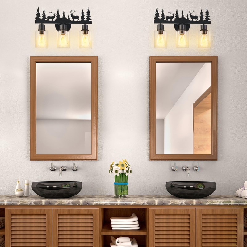 Rustic Bathroom Light Fixtures, 3-Light Farmhouse Vanity Lamp with Deer