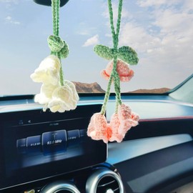 findTop 2 pcs Car Charms, Car Accessories for Women Interior, Car Rearview Mirror Charm, Hand-Woven Tumbleweed Pendant, for Cars, Backpacks, Dolls, Keychains, Cell Phone Decoration(Pink and White)