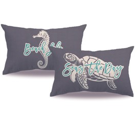 7COLORROOM 2Pack Ocean Theme Decor Throw Pillow Cover Grey Double-Sided Printed Sea Turtle Seahorse Rectangular/Waist Cushion Cover Summer Coastal Beach Home Decor Pillowcases 12”×20”(Grey)