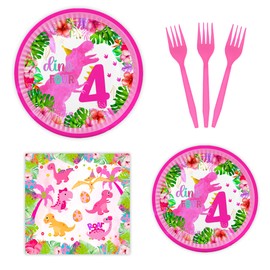 Miruwtog 80ps 4th Birthday Decorations Girl Dinosaur,Roar Im 4 Dinosaur Party Decorations, Dino Four Birthday Decorations Girl.