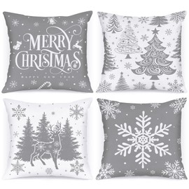 Lanpn 40x40 cm Grey Christmas Pillow Covers Set of 4, Christmas Decorations Pillowcase, Winter Decorative Pillow Case, 16x16 Christmas Tree Cushion for Indoor Home Bedroom Sofa Xmas Couch Decor