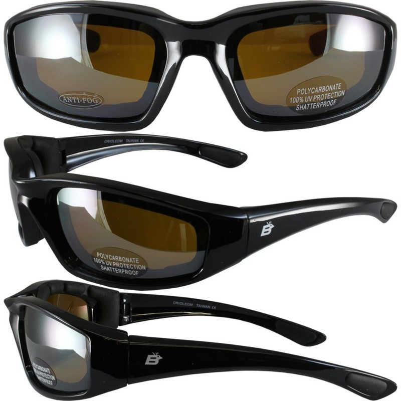 Birdz Eyewear Oriole Padded Motorcycle Glasses (Black Frame/Mirrored Brown Lens)