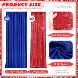 VitalCozy 4 Panels Backdrop Curtains 2 Pcs 4 x 10 ft Sequin Glitter 2 Pcs 7 x 10 ft Chiffon Photo Background Curtains for Graduation Wedding Birthday Party Decorations(Navy Blue, Red)