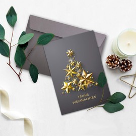 NEUSER PAPIER 50 x Christmas Card Set DIN A6 in Grey with Golden Christmas Tree Made of Stars - Folding Cards with Matching Envelopes - Christmas Greetings for Companies and Private