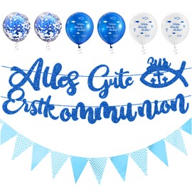 FMKLDENA Communion Decoration Set, First Communion Banner, Christening Table Decoration, Confirmation Garland, Communion Balloons, Bunting, for Christening Party Decoration, Blue, Fish and Crosses