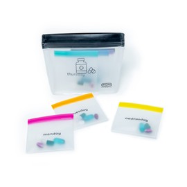 Conjunto Organizador de Pastillas mumi | 7 bolsas reusables | Bolsa exterior grande con cierre | Organizador de pastillas y artículos pequeños | Bolsitas de pastillas etiquetados y codificados por colores | Tamaño de la bolsa de viaje: 15.24 x 10.16 cm /