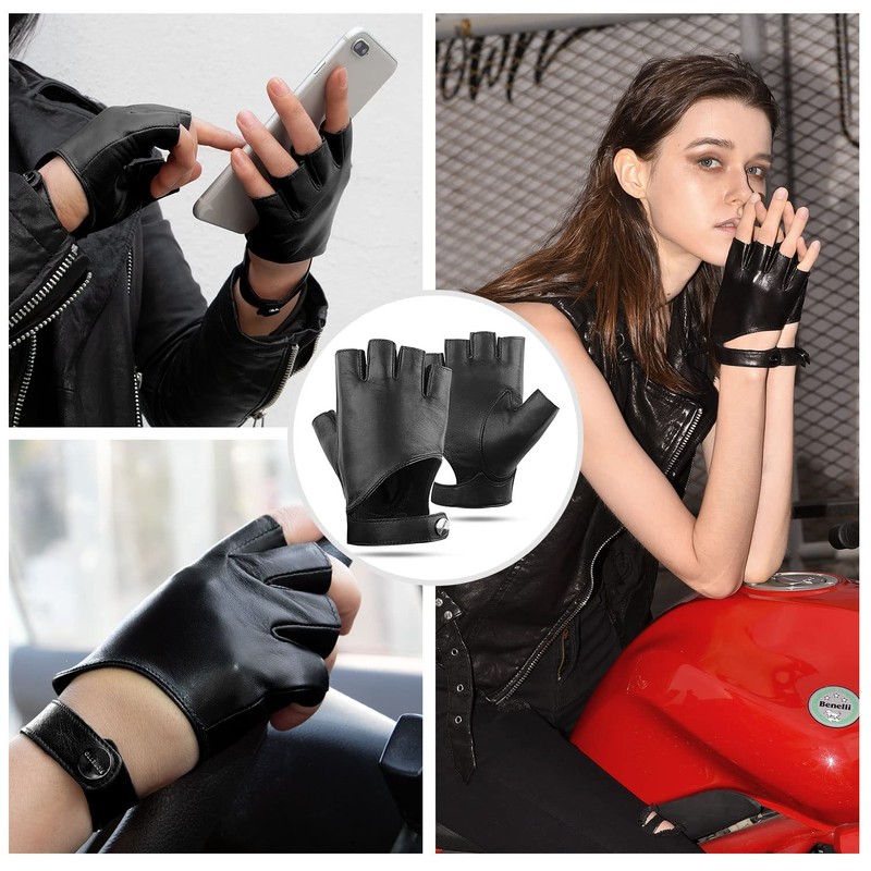 FIORETTO Womens Fingerless Leather Gloves for Driving Motorcycle Unlined Half
