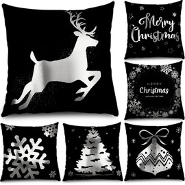 6 Pcs Christmas Pillow Covers Cushion Covers Decoration Christmas Pillow Cover Holiday Decor Throw Pillow Case for Sofa Couch Christmas Office Bedroom Decorations 18 x 18 in (Black, Silver)
