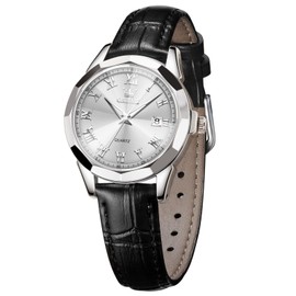 OLEVS Wristwatch, Waterproof, Women's, Fashion, Fashion, Simple, Women's, Crystal, Arabic/Roman Dial, Leather Strap, Easy to Read Watch, Cute Watch, white black leather 9990, Minimalist