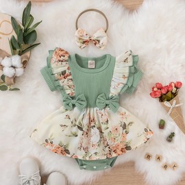 Newborn Baby Girl Romper Dresses Clothes Set Short Sleeve Floral Ruffle Bow Overall Bodysuit Onesie Floral Skirt Hem Outfit (Short Sleeve Green, 3-6 Months)