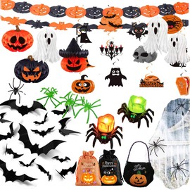Halloween Decorations Outdoor And Indoor Set,60 Pcs Scary 3D Bat Stickers,Banner,Paper Lanterns,Spiderweb,Lighted Spider for Halloween Party Decorations Kit