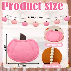 Fall Felt 3D Pumpkin Garland Pink Pumpkin Garland and Wood Bead for Fall Decor Autumn Decorations for Home Fall Pumpkin Banner for Mantle Home Wall Decor