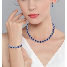 EVER FAITH Silver-Tone Round Cut Cubic Zirconia Tennis Necklace Bracelet Earrings Set Sapphire Color