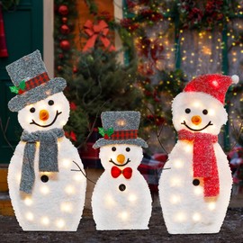 Joliyoou Christmas Yard Decoration, Set of 3 Pre-lit Snowmen with 60 Warm White Lights, 2D Light Up Plush Snowman Family for Xmas Front Door Indoor Outdoor Lighted Holiday Displays | Joliyoou