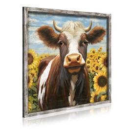 Farm Animal Wooden Wall Art: Rustic Cow with Sunflower Framed Picture Farmhouse Painting Artwork for Bathroom