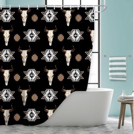 JAWO Western Boho Shower Curtain Native Aztec Tribal Bull Skull Southwestern Cow Bohemian Geometric Pattern Black Bathroom Decor Aztec Shower Curtain with Hooks