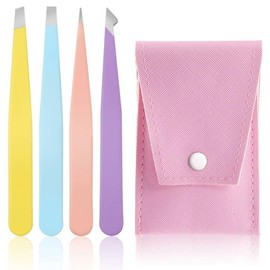 Swpeet Slant 4 Pieces 3.79 Inch Multi-Colour Eyebrow Tweezers Stainless Steel Tweezers Kit with Leather Travel Case, Professional Slanted Tip Precision Tweezers Great Precision for Eyebrows Facial