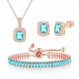 Paris Jewelry 18K Rose Gold Created Blue Topaz Necklace, Earrings & Tennis Bracelet Set Plated