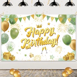 Happy Birthday Banner for Women Men - Birthday Decoration Green Gold Birthday Banner Photography Backdrop Backdrop for Children Girls Boys Birthday Baby Shower Party Supplies 110 × 180 cm