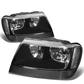 Pair of Black Housing Clear Corner Left+Right Headlights HeadLamps Replacement for Jeep Grand Cherokee WJ 99-04