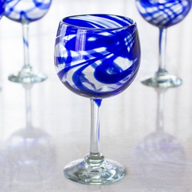NOVICA Hand Blown Blue Swirl Recycled Glass Wine Glasses,11 oz 'Blue Ribbon' (large, set of 6)