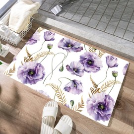 Bath Mat Watercolor Purple Poppies Violet Flowers Bath Rug Non Slip Absorbent Mat,Bathroom Mat Soft Microfiber Memory Foam Mat for Bathtub Shower,Sink 16x24Inch