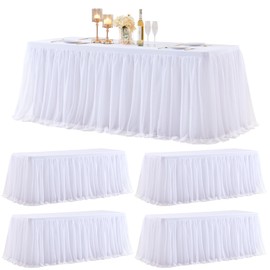 4 Pack White Tulle Tablecloth Table Skirt for 6 Foot Rectangle Tables, Wedding Table Cloths Ruffle Tutu Table Skirt Stretch Fitted Table Covers for Parties Birthdays Baby Shower Celebration Banquet