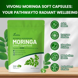 VivoNu Moringa Capsules | Pure Moringa Leaf Extracts, Energy, Skin & Gut Health Superfood, Rich in Antioxidants, Essential Vitamins & Amino Acids, Natural Green Superfood Supplement, 240 Softge