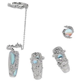 Set of 4, Water Blue, Finger Tip Ring, One Size Fits Most, Finger Finger Ring, Claw Ring, Adjustable, Phalange Ring, Silver, Metal, Nail Ring, Funny, Unique, Girlfriend, Women, Gift, Wedding, Party