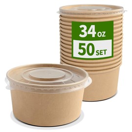 AICHEF 50 Pack 34 oz Paper Bowls with Lids, Paper Meal Prep Containers with Lids, Microwavable and Freezer Storage Use Cardboard Food Containers