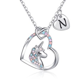 TINGN Unicorn Necklace for Teenager Girls Gifts, Silver Letter N Initial Unicorn Necklace Jewelry for Teen Girls Dainty CZ Heart Pendant Unicorn Necklaces for Girls Birthday Unicorn Gifts for Girls
