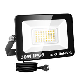 RIGIDON LED Spotlight Outdoor & Indoor with Plug, 1 x 30 W 3000 LM 230 V Spotlight, Floodlight for Garden, Garage, Patios, Yard, Construction Sites, Work Spotlight, 3000 K Warm White, Waterproof