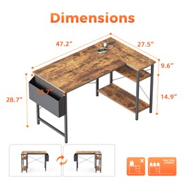 Mericonia Small L Shaped Computer Desk with Power Outlets, Gaming Desk for Small Spaces, Corner Desk with Reversible Storage Shelves, Study Writing Table for Home Office(Socket, Rustic Brown, 48 inch)