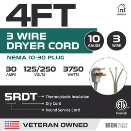 Iron Forge Cable 3 Prong Dryer Extension Cord 4 Ft, 125V/250V Cord NEMA 10-30 Plug SRDT, 10/3 Dryer Cable Flat Head, 30 Amp 3 Wire 4 Foot - Gray