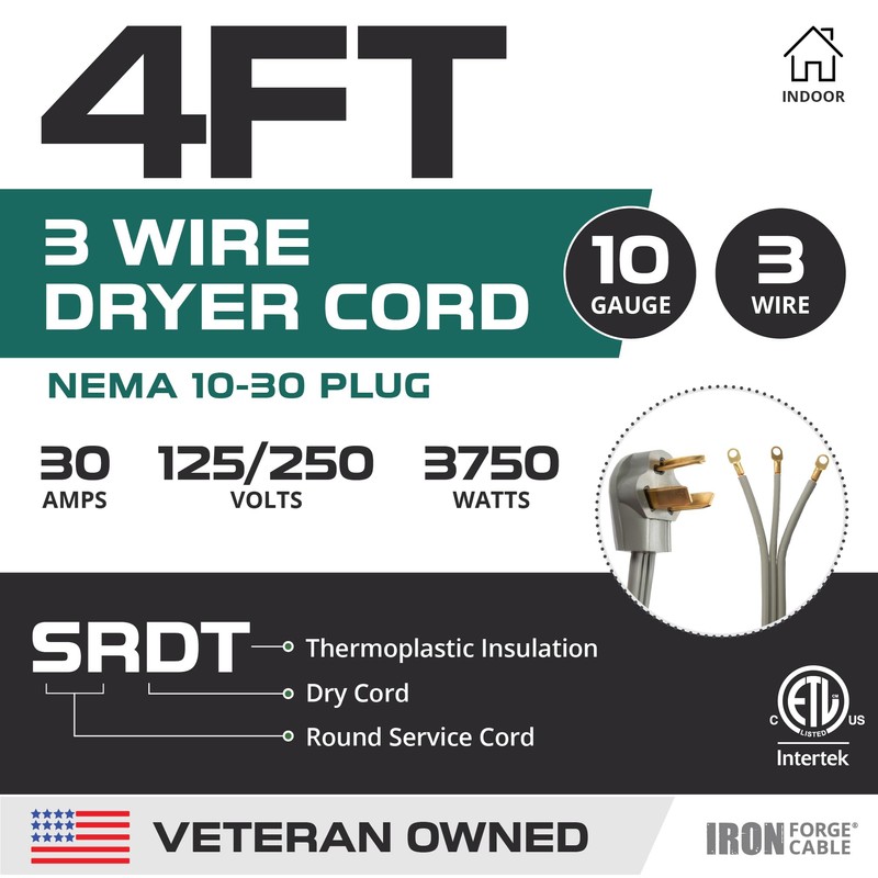 Iron Forge Cable 3 Prong Dryer Extension Cord 4 Ft,