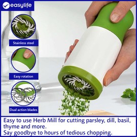 Easylife Herb and Spice Mill Grinder, Manual Spice Grinder, Small Spice Grinder (L17cm x Dia 8cm), Dishwasher Safe Herbs Cutter, Herb Grinder Plastic with Stainless Steel Blades - Fully Guaranteed