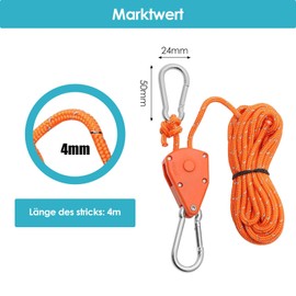 Pack of 4 Reflective Guy Ropes with Rope Tensioner, 4 m x 4 mm Adjustable Rope Ratchet with 4 Carabiners, Adjustable Nylon Cord Tensioner, Camping Cord for Tents, Fans, Plant Lights