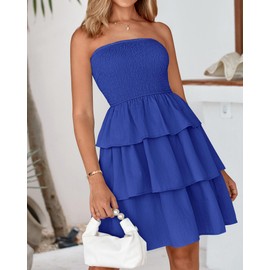 BTFBM 2025 Womens Summer Smocked Tube Dress Off Shoulder Strapless Casual Sundress Tiered Mini Beach Vacation Dresses(Royal Blue, XX-Large)